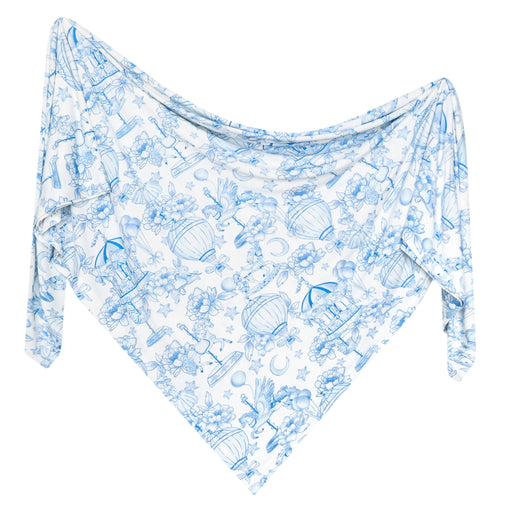 Blue and white patterned scarf on a white background