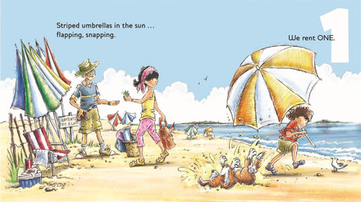 Illustration of a beach scene with people and striped umbrellas, featuring text.