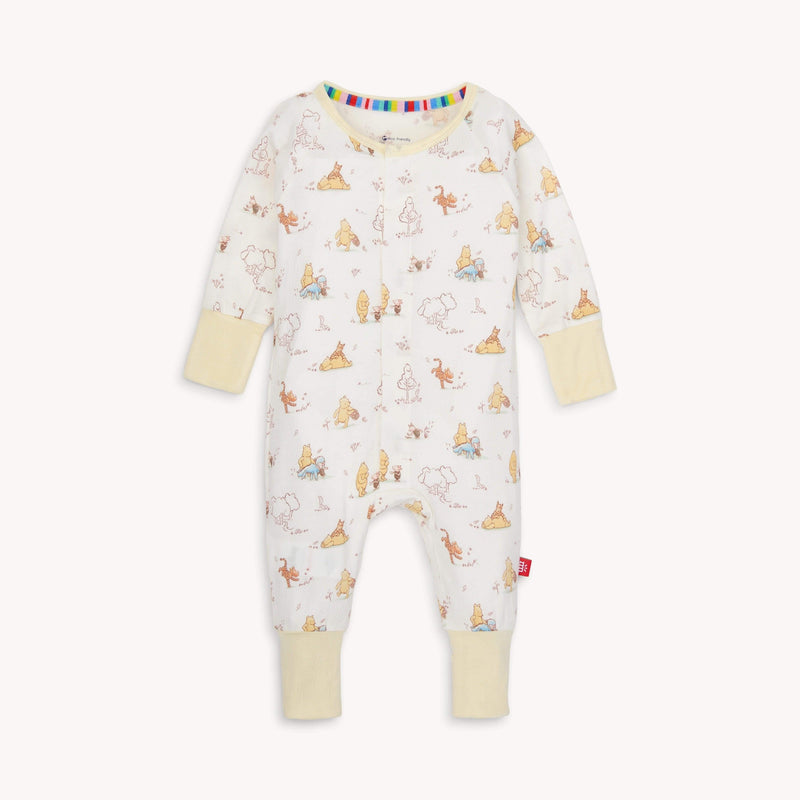 Convertible magnetic baby coverall laid flat with fold-over cuffs