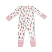 Back view of the romper showing the full print and pink cuff