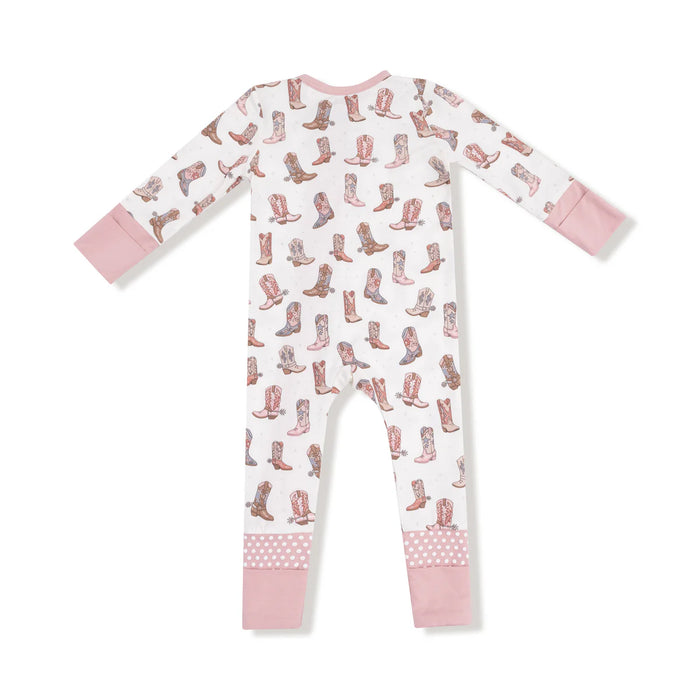 Back view of the romper showing the full print and pink cuff