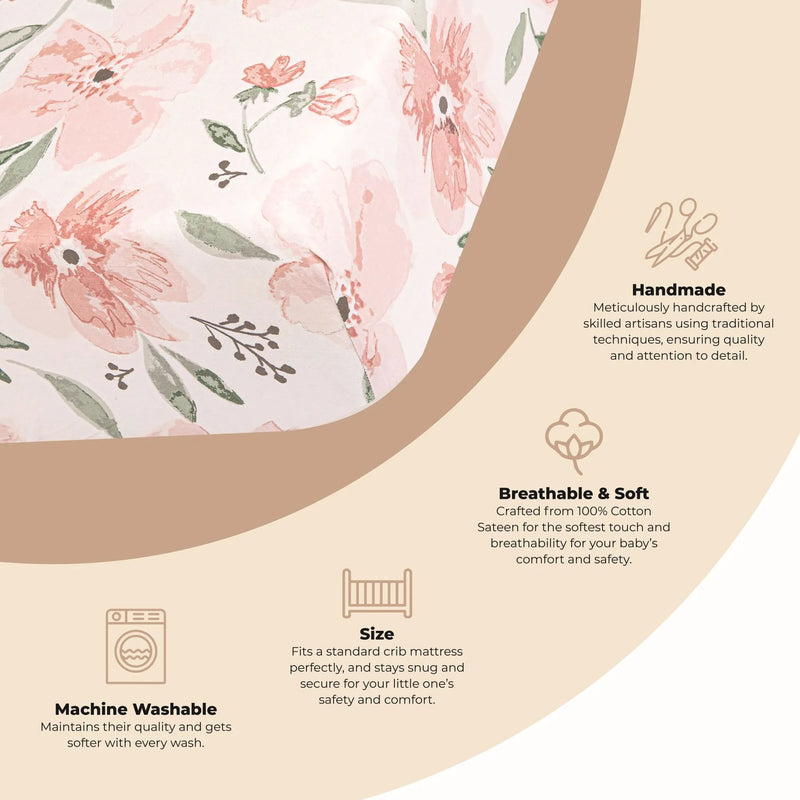 Detail graphic of Parker Floral crib sheet showing fabric features and corner stretch