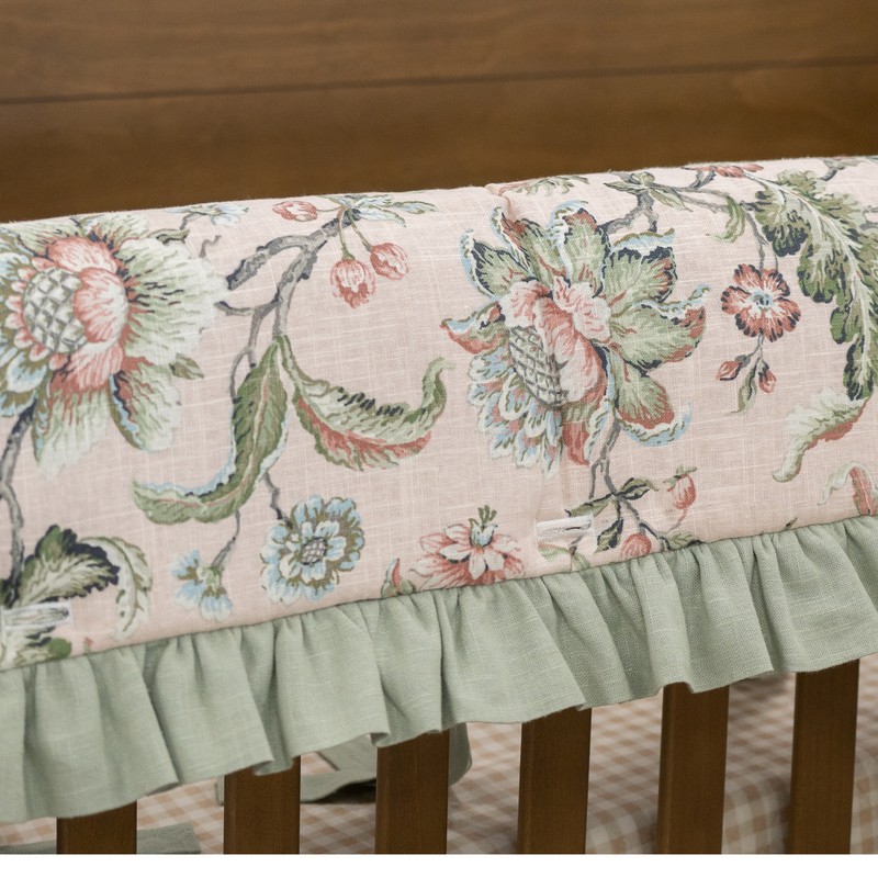 Custom Bedding | Crib Rail Cover | Adalynn Floral w/ Sage Green Ruffle