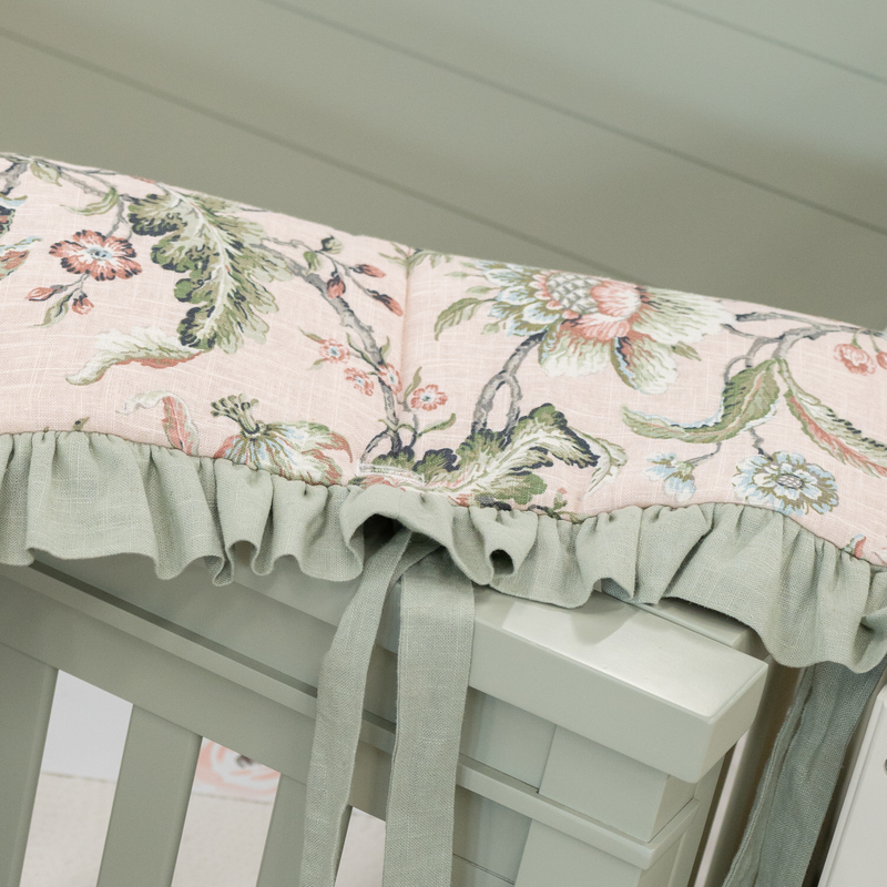 Crib Protector Ruffle Custom Bedding | Crib Rail Cover | Adalynn Floral w/ Sage Green Ruffle ...