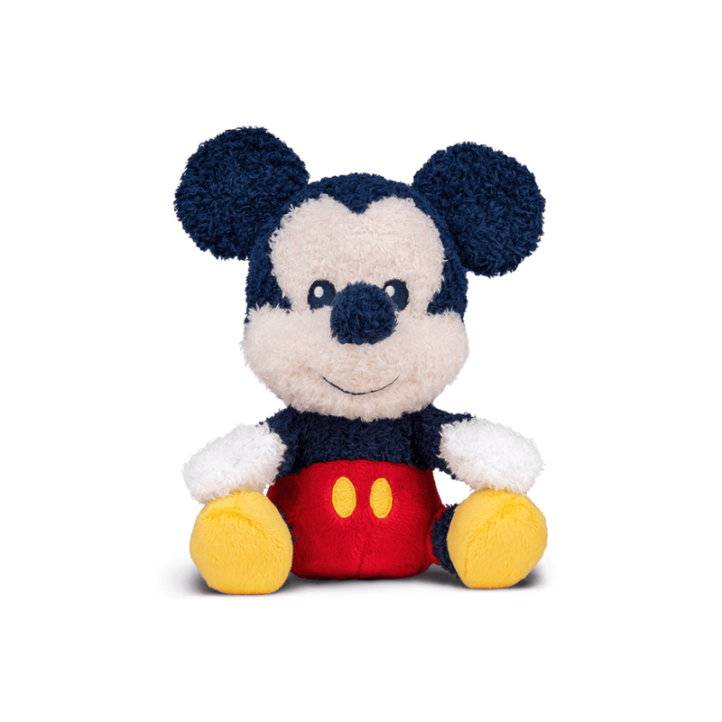 Plush toy resembling a well-known character with blue ears, white face, red body, and yellow shoes on a white background.