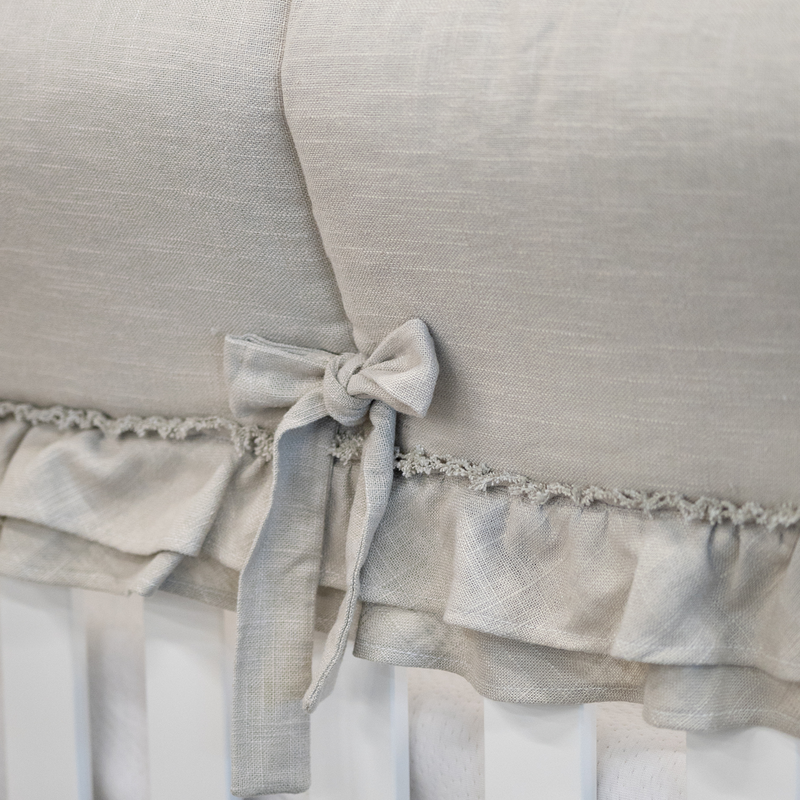 *Custom Bedding | PREORDER | Teething Crib Rail Cover | Linen W/ Shabby Double Ruffle & Ties