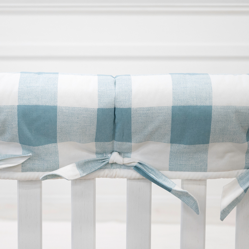 Custom Bedding | Crib Rail Cover | Canvas Buffalo Check Denim w/ Square Knot Ties