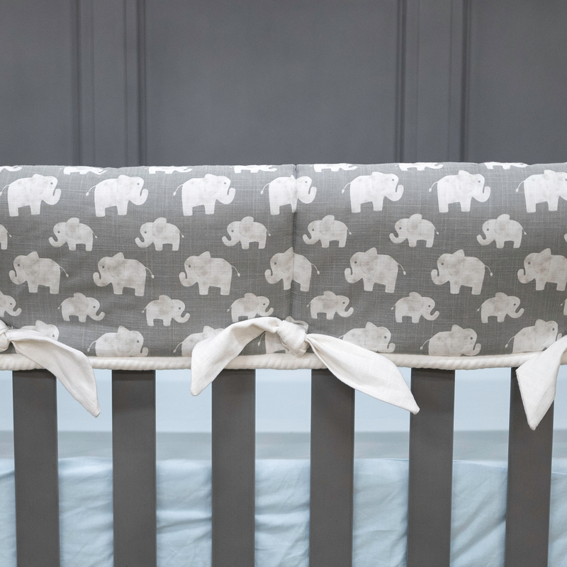 Custom Bedding | Crib Rail Cover | Elephant Peanuts w/ Sweet Linen White Cord & Square Knot Ties
