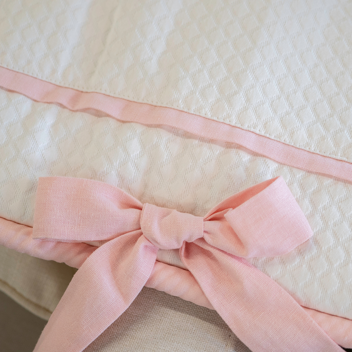 Custom Bedding | Crib Rail Cover |  Cream Mattelasse with Linen Baby Pink Inlay w/ Cream Mattelasse Cord/Ties