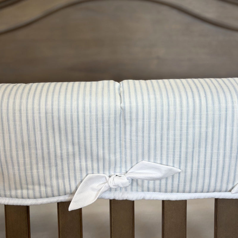 Custom Bedding | Crib Rail Cover | Pin Stripe Shore with Birdseye Pique Square Knot Ties | FLOOR MODEL