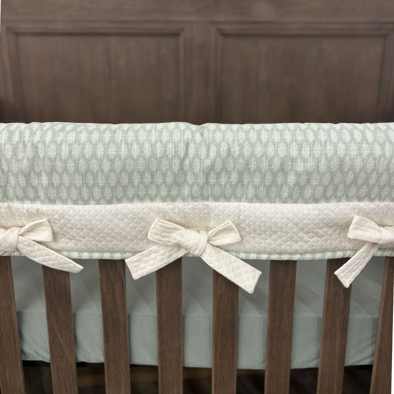 Custom Bedding | PREORDER | Teething Crib Rail Cover | Belle Pistachio with Matelassé Crème Bows