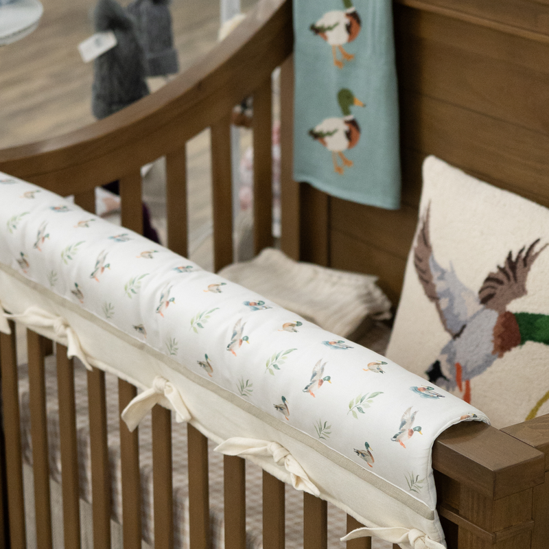 Custom Bedding | Crib Rail Cover | Mallard Duck with Cream Linen Fabric and Square Knot Bow Ties