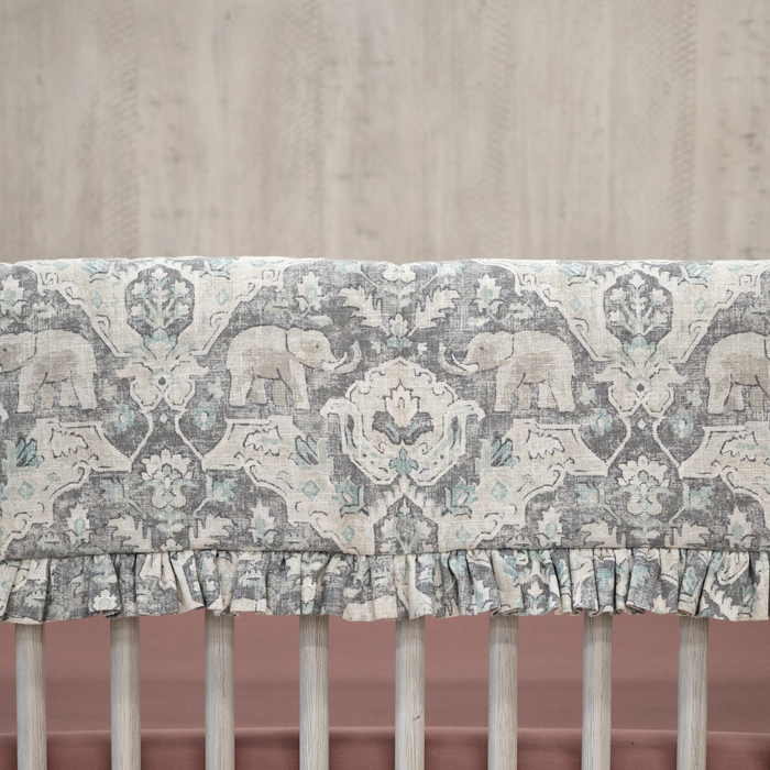 Custom Bedding | Crib Rail Cover | Grey Ivory Teal Elephants