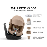 Cybex Callisto G 360 includes SensorSafe chest clip, sun canopy, infant head and seat pads, and cup holders