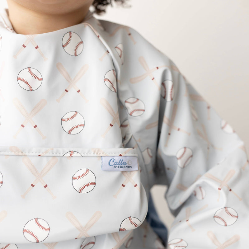 Calla & Friends | The Grayson Waterproof Long Sleeve Bib | Baseball | Gray
