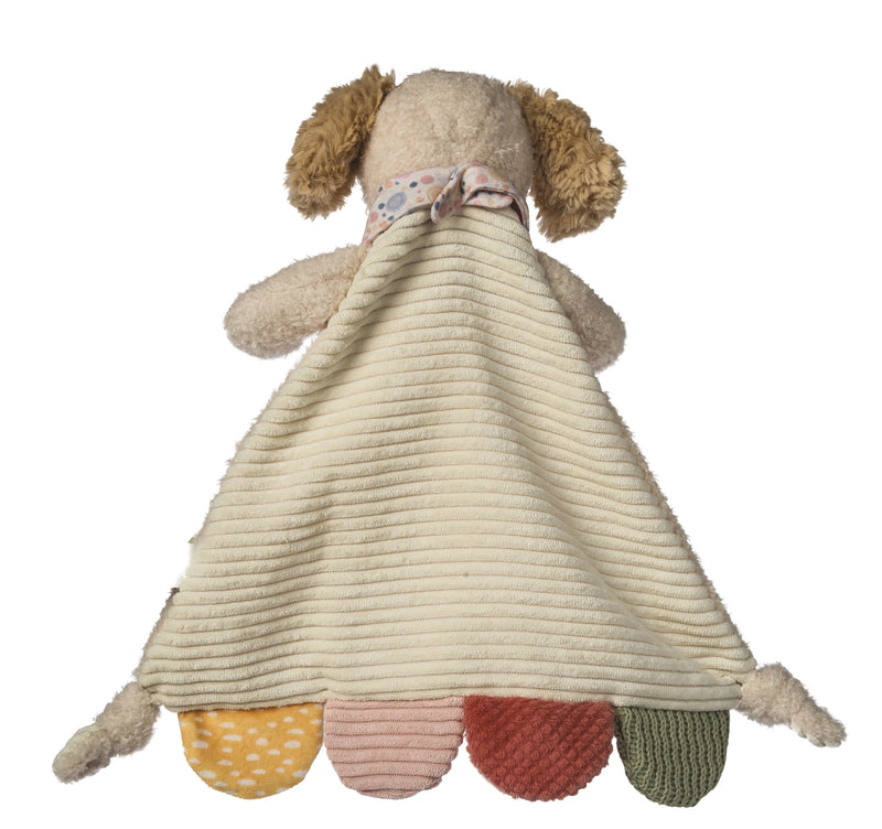 Back view of the Dancing Dachshund activity blanket showing the fabric texture and colorful knotted corners