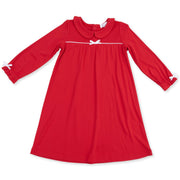 Red dress with white trim on a white background