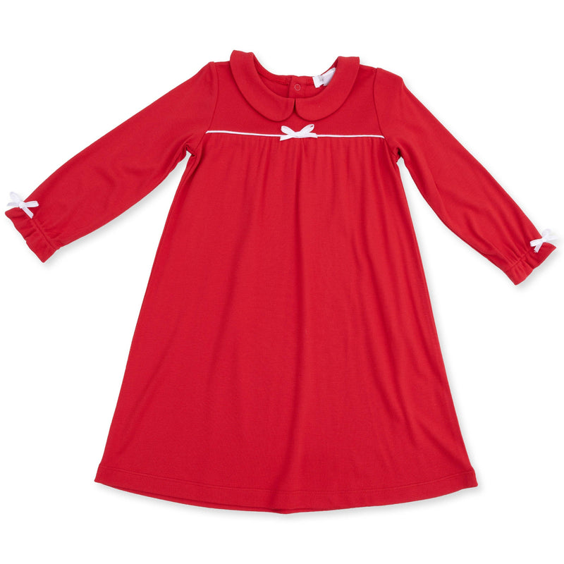 Red dress with white trim on a white background