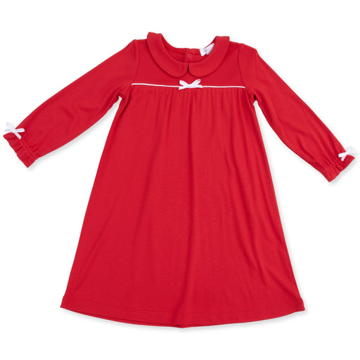 Red dress with white trim on a white background