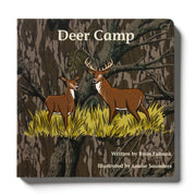 Book cover with illustration of two deer in a forest setting, titled 'Deer Camp'.