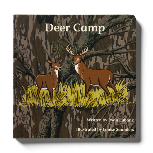 Book cover with illustration of two deer in a forest setting, titled 'Deer Camp'.