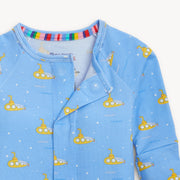 Blue children's jacket with yellow submarine pattern on a white background