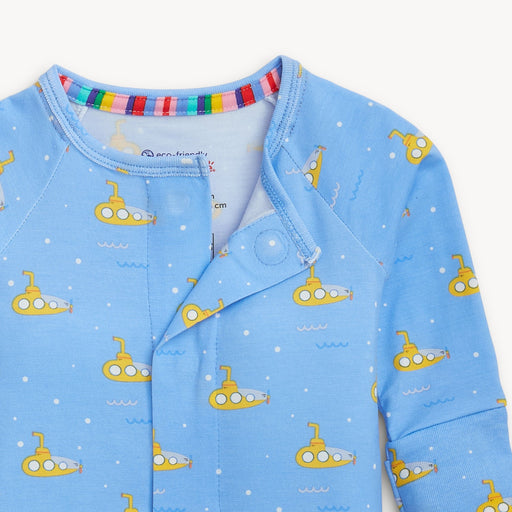 Blue children's jacket with yellow submarine pattern on a white background
