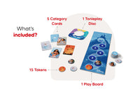 What’s in the Disney Quiz Kingdom set showing Tonieplay disc, five category cards, play board, tokens, and manual