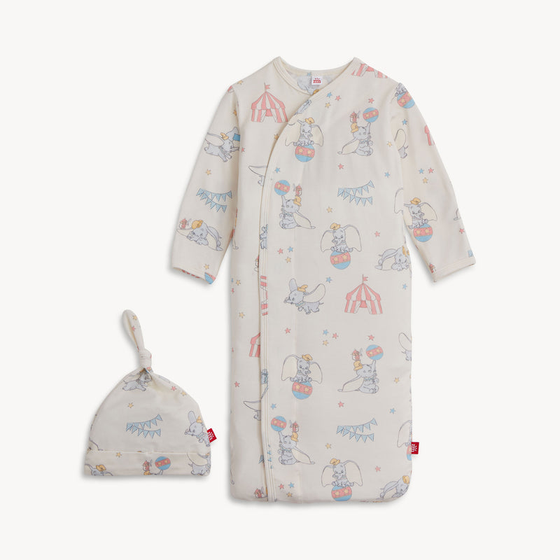 Magnetic Me Dumbo Circus modal baby gown and matching hat set with magnetic closures