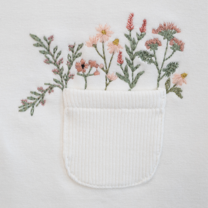 ely's & co | Jersey Cotton Footie | Embroidered Pocket Full of Flowers | Ivory