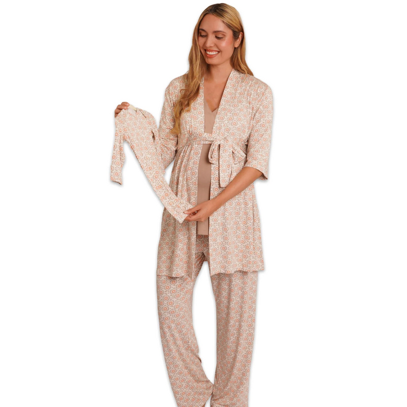 Woman wearing a beige patterned robe and pants on a white background
