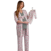 Woman wearing a floral robe and pants with a matching outfit on a white background