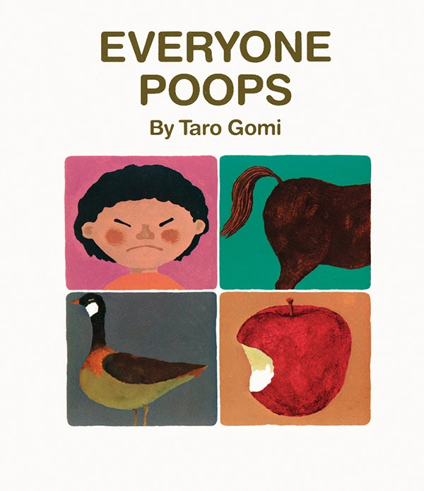 Book cover of 'Everyone Poops' by Taro Gomi with illustrations of a child, horse, bird, and apple.