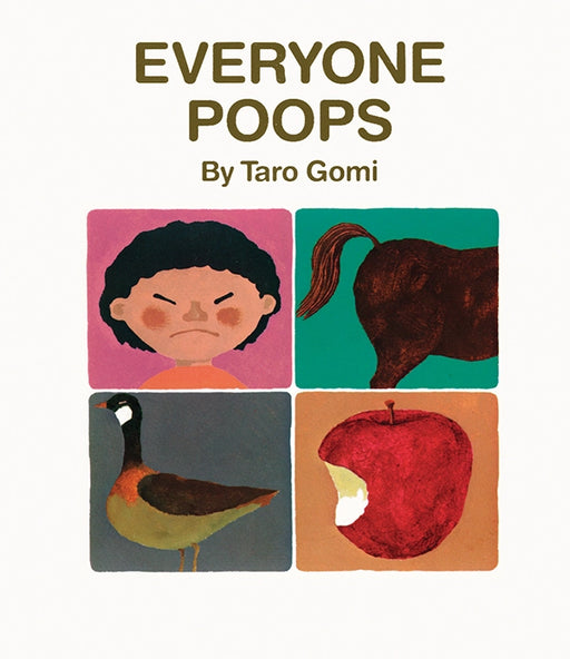Book cover of 'Everyone Poops' by Taro Gomi with illustrations of a child, horse, bird, and apple.