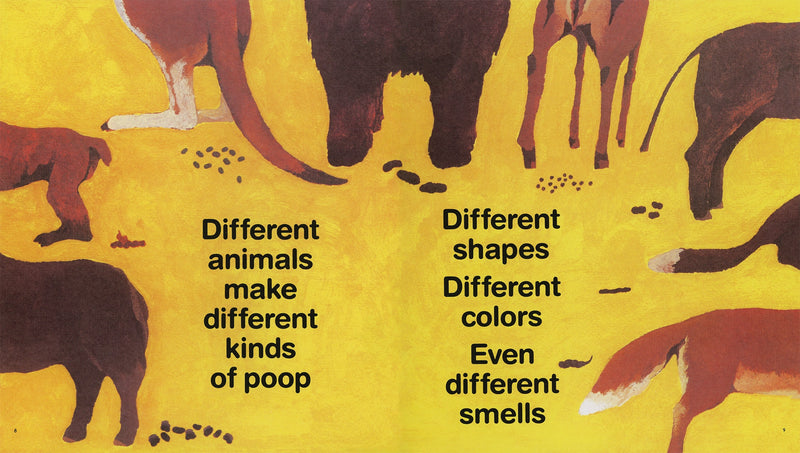 Illustration of animals and their poop with text on a yellow background