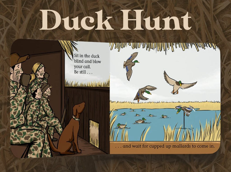 Inside pages of Duck Hunt showing hunters in a duck blind and mallards landing