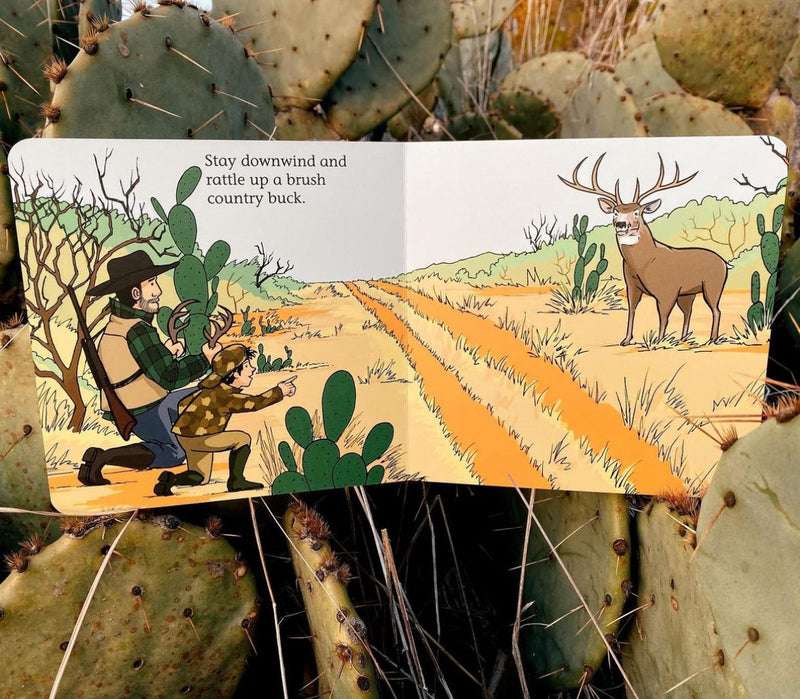 Inside pages of Good Luck Hunters showing a hunter and a whitetail deer in brush country