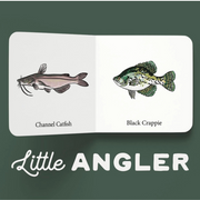Inside pages of a Little Angler mini board book showing a channel catfish and a black crappie