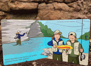 Inside pages of Match the Hatch showing a family fly fishing for trout