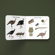 Inside pages of Turkey Season showing wild turkeys and turkey hunting gear