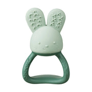 Mint green rabbit-shaped teething toy on a white background