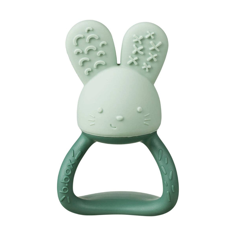 Mint green rabbit-shaped teething toy on a white background