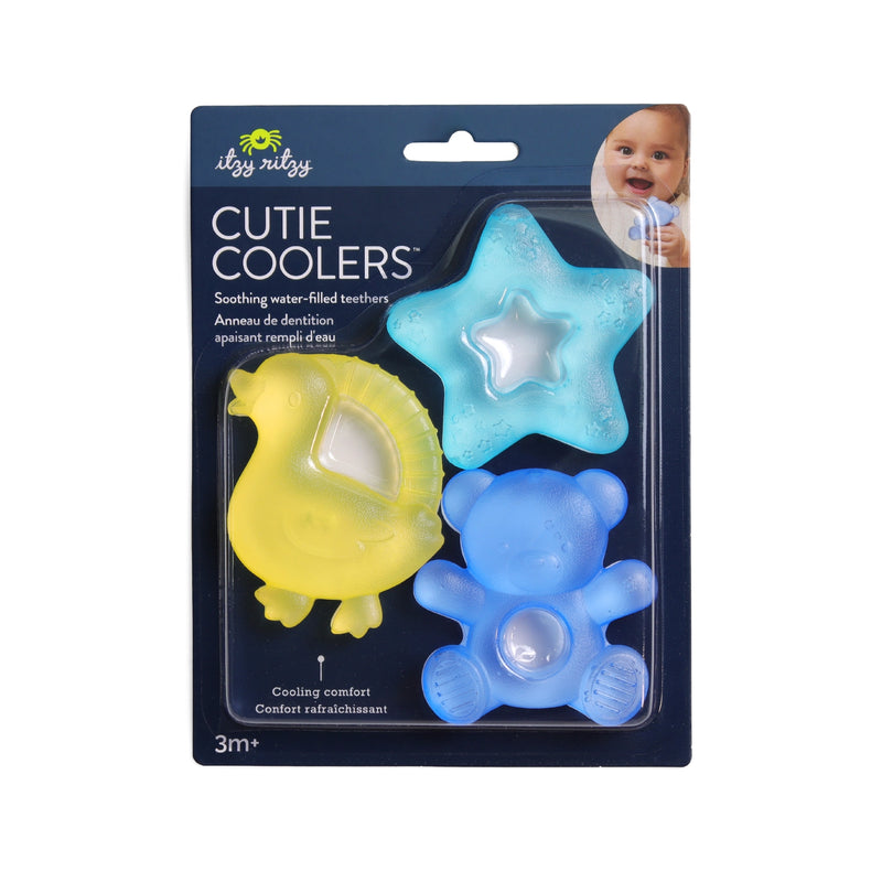 Itzy Ritzy Cutie Coolers water-filled teethers in packaging: blue bear, aqua star and yellow duck