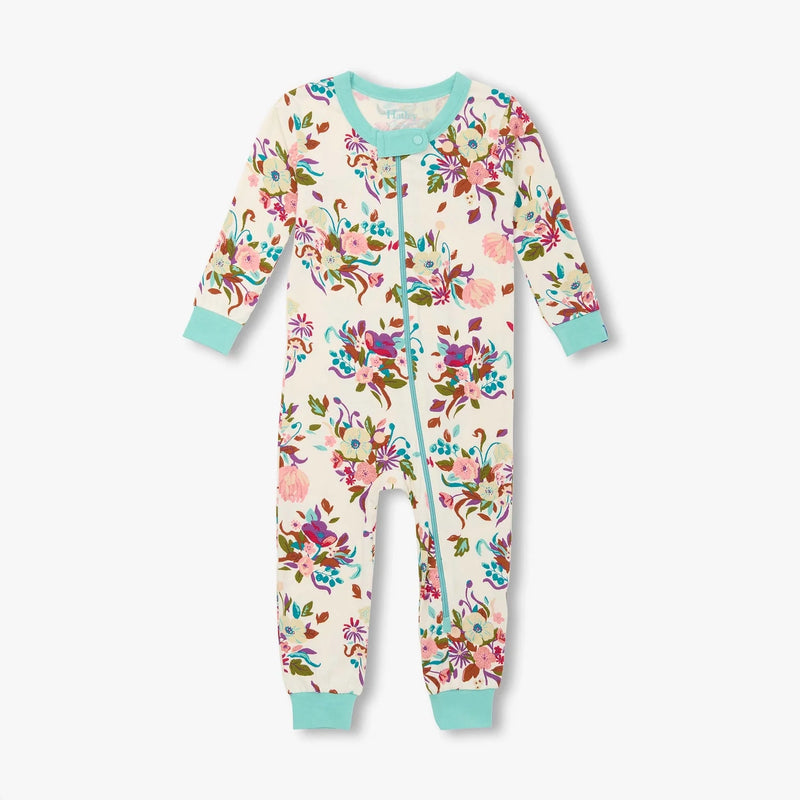 Baby girls bamboo sleeper with fall floral print and mint trim