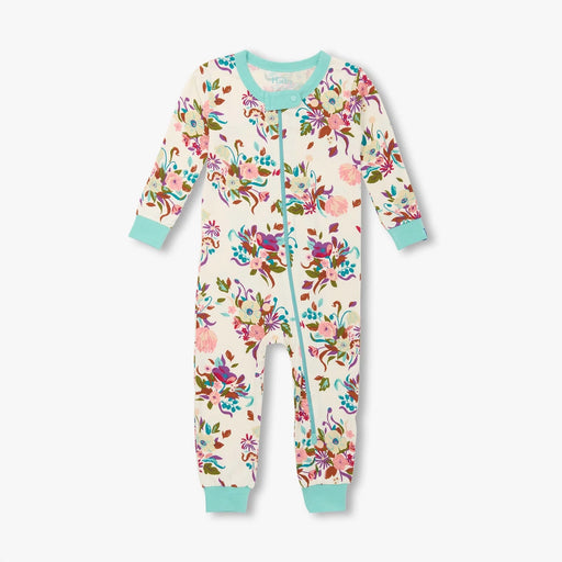 Baby girls bamboo sleeper with fall floral print and mint trim