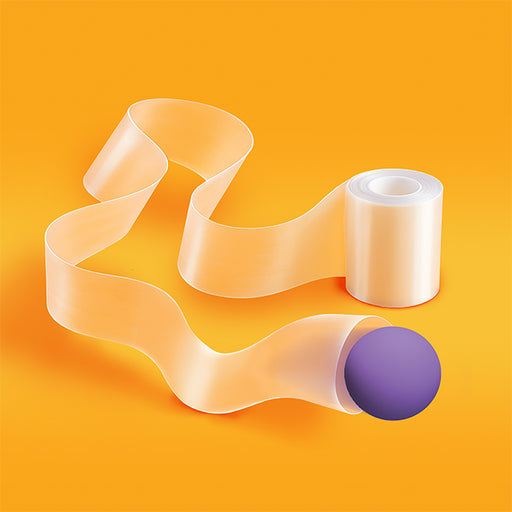 Roll of beige tape with a purple ball on an orange background