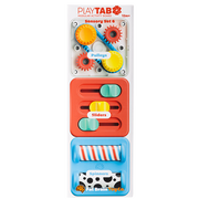 PlayTAB sensory set packaging with gears, pulleys, sliders, and spinners on a white background.