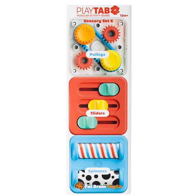 PlayTAB sensory set packaging with gears, pulleys, sliders, and spinners on a white background.