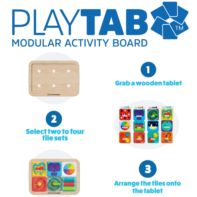 PlayTab modular activity board with wooden tablet and tile sets on a white background