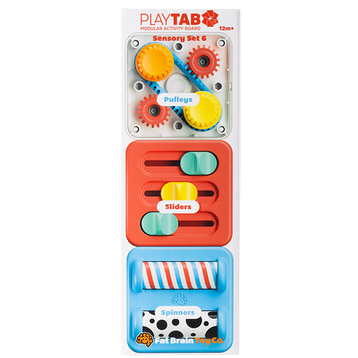 PlayTAB sensory set packaging with gears, pulleys, sliders, and spinners on a white background.